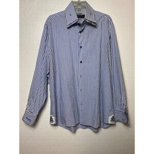 Coogi Luxe Mens Blue White Checkered Long Sleeve Button-Up Shirt  Size Large